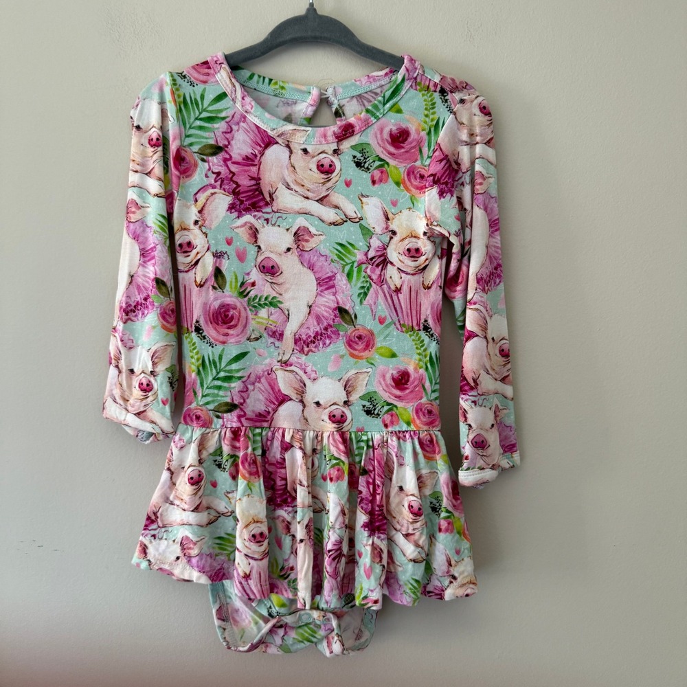 Little Bum Bums Ballerina Pig Bamboo Viscose Romper Dress Pink Floral 18-24M